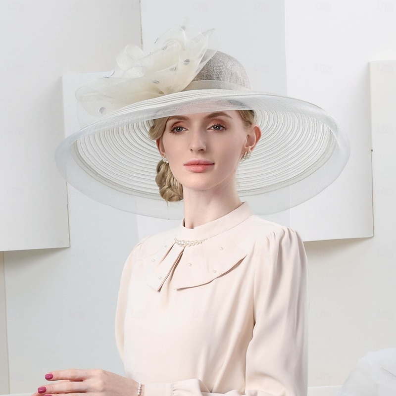 Hats Fiber Floppy Hat Sun Hat Veil Hat Wedding Tea Party Elegant Wedding With Lace Side Headpiece Headwear4