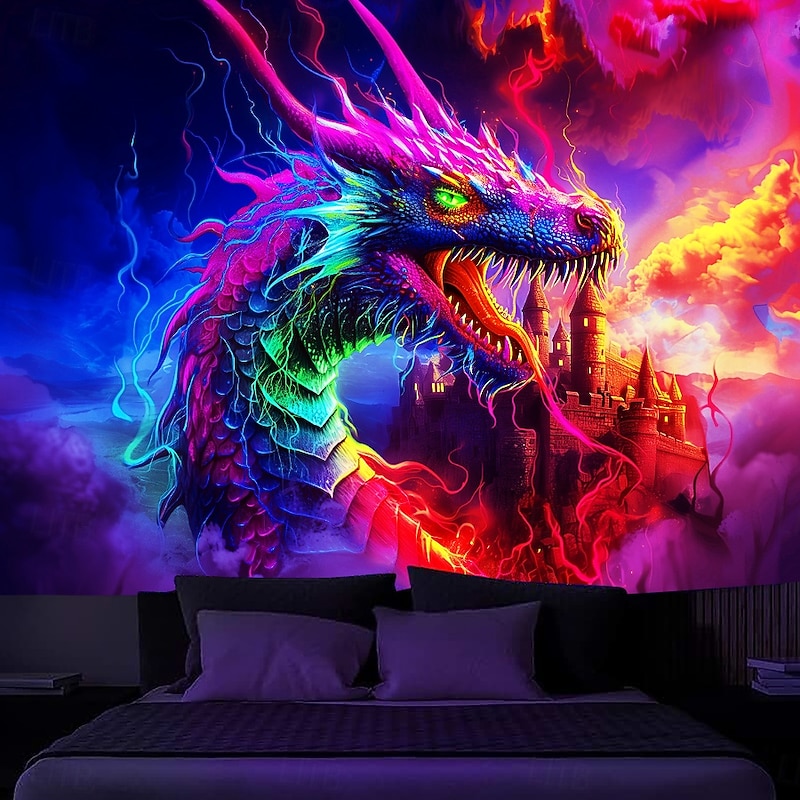 Blacklight Tapestry Glow in the Dark Glow Party UV Reactive Dragon Castle Trippy Misty Nature Landscape Hanging Tapestry Wall Art Mural for Living Room Bedroom