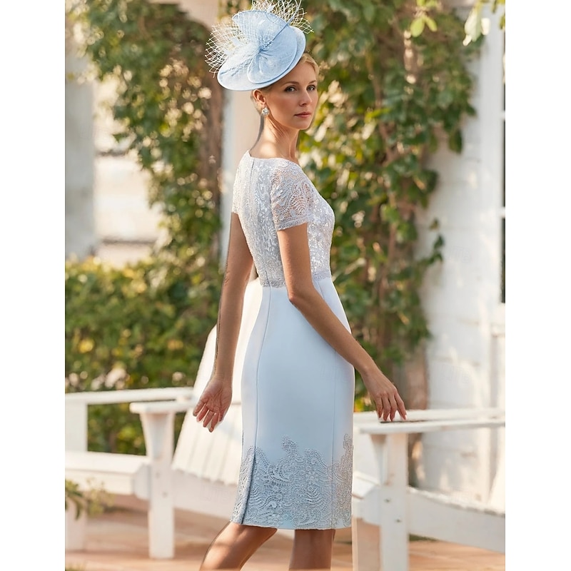 Dress Sets Mother of the Bride Dress Formal Wedding Guest Elegant Vintage Jewel Neck Tea Length Stretch Fabric 3/4 Length Sleeve with Lace Pearls Race Day Dress3