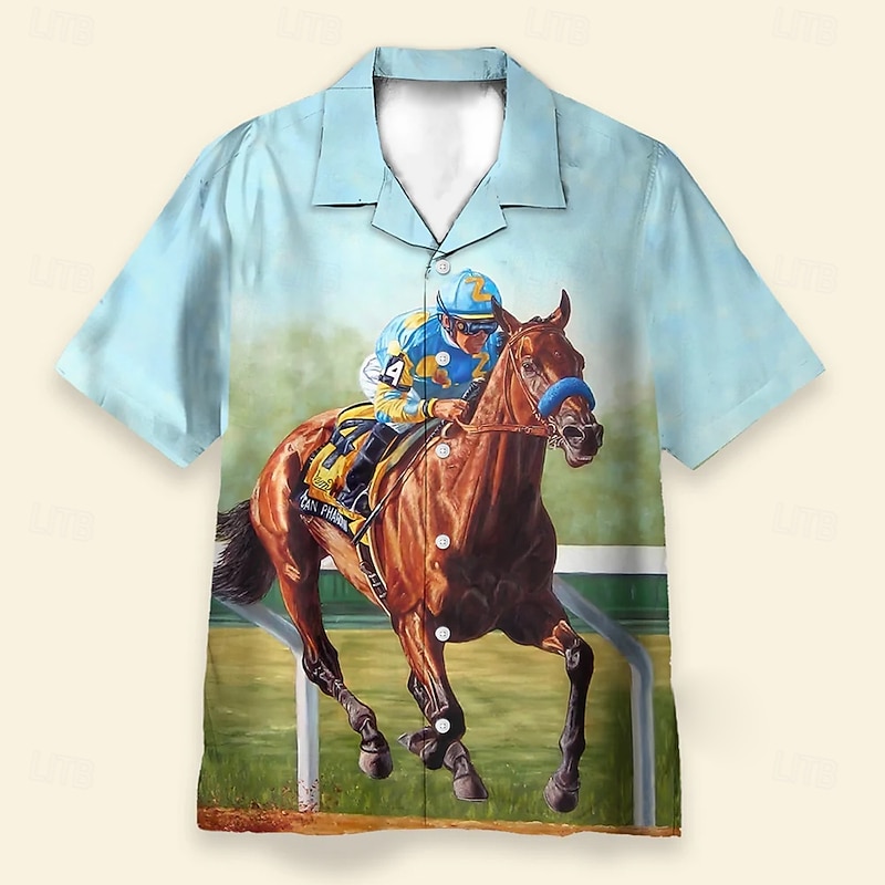 Kentucky Derby Men's Horse Racing Shirt Cuban Collar Shirt Short Sleeve Vintage Retro Vacation Holiday Festival Summer Spring Camp Collar Shirt 3D Print Funny Kentucky Derby Shirts Light Blue