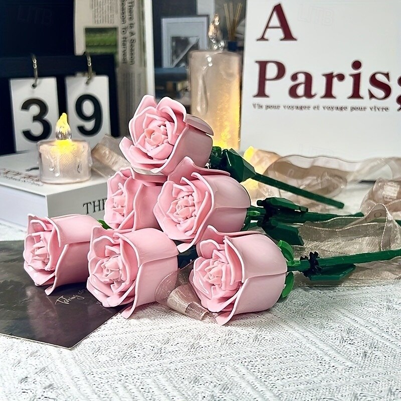 6 pc DIY Building Block Rose Flower Tabletop Decor  ABS Material  Perfect for Valentine's Christmas & Halloween Gifts  Cozy Ambiance with Multi-Colored Artificial Roses & Elegant Candle Display3