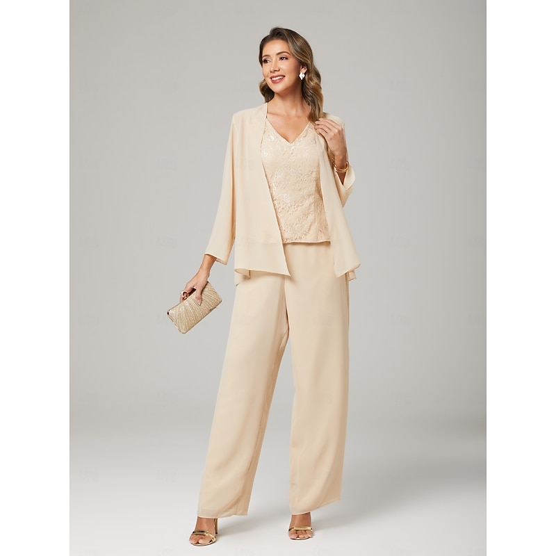 Pantsuit 3 Piece Mother of the Bride Dress Formal Wedding Guest Elegant V Neck Floor Length Chiffon Lace Long Sleeve Jacket Dresses with Appliques4