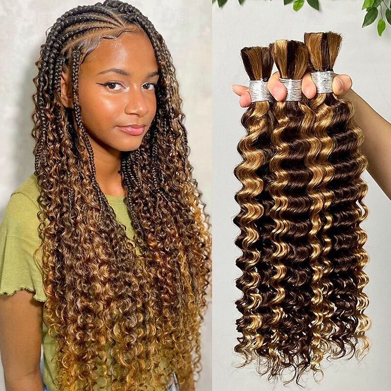 3 Bundles Bulk Hair P4/27 Human Hair Deep Wave Extension Bundle Hair 10-28Inch