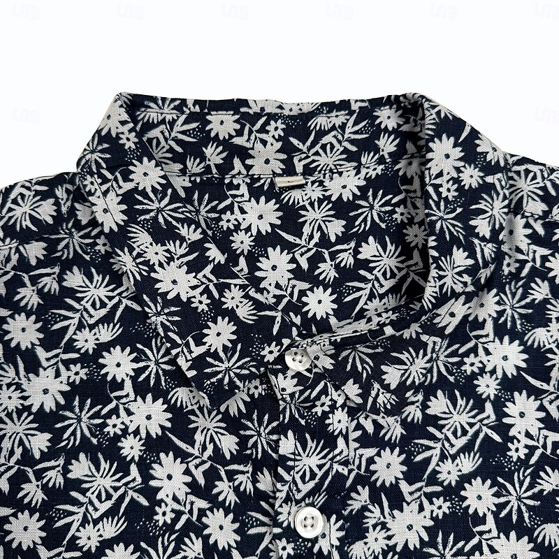 Men's 100% Linen Floral Vine Shirt Button Down Shirt Casual Shirt Short Sleeve Vintage Hawaiian Casual Performance Wedding Anniversary Spring Summer Turndown Button Up Printing Navy Blue2