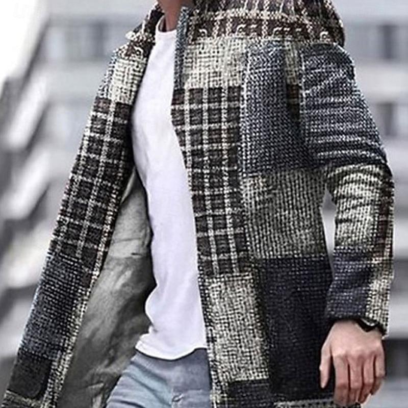 Men's Plaid Geometry Winter Coat Overcoat Coat Warm Comfortable Breathable Business Casual Work Wear to work Going out Pocket Print Fall & Winter Stand Collar Long Sleeve Yellow Blue3