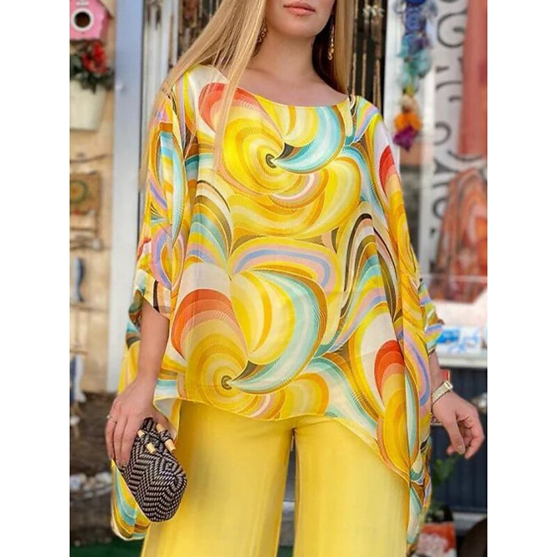 Women's Fashion Streetwear Daily T Shirt Wide Leg Pants 3/4 Length Sleeve Crew Neck Ombre Casual Daily Yellow Pink Blue Summer Regular Fit3