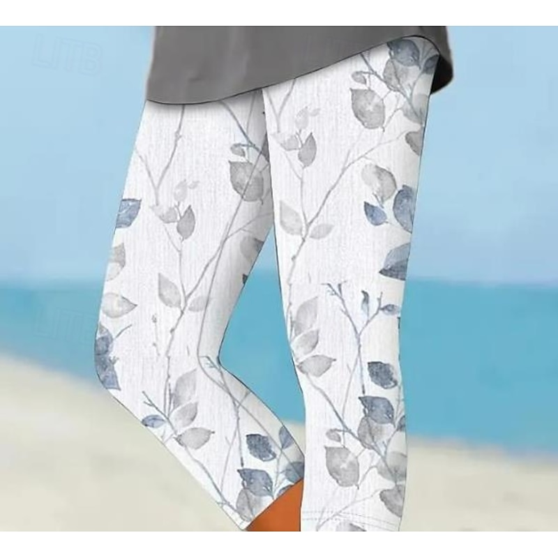 Women's Leggings Capri Pants High Elasticity Fashion Full Length Mid Waist Layered Print  Casual Daily Sillver Gray Summer Regular Fit2