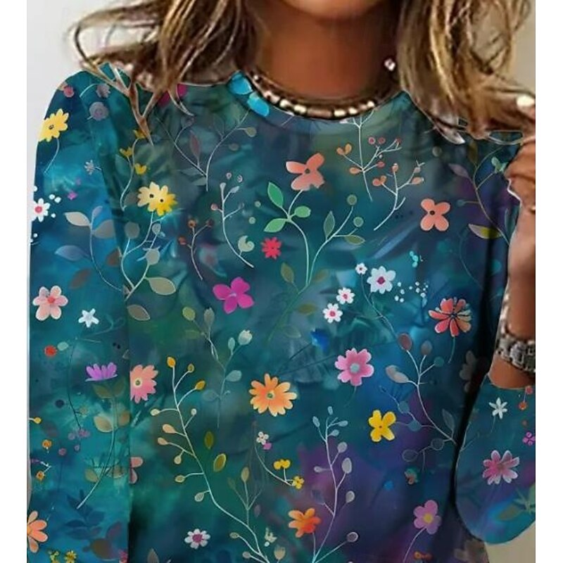 Women's T shirt Crew Neck Long Sleeve Tunic Floral Graphic Casual  Regular Tops Daily Print Blue Spring Fall2