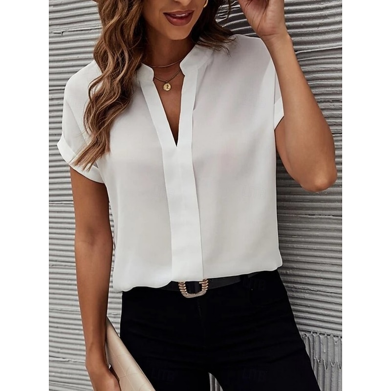 Women's Shirt Blouse Solid Color Stylish Casual Short Sleeve Notched Neck Regular Tops Daily Black White Blue Fuchsia Summer Spring