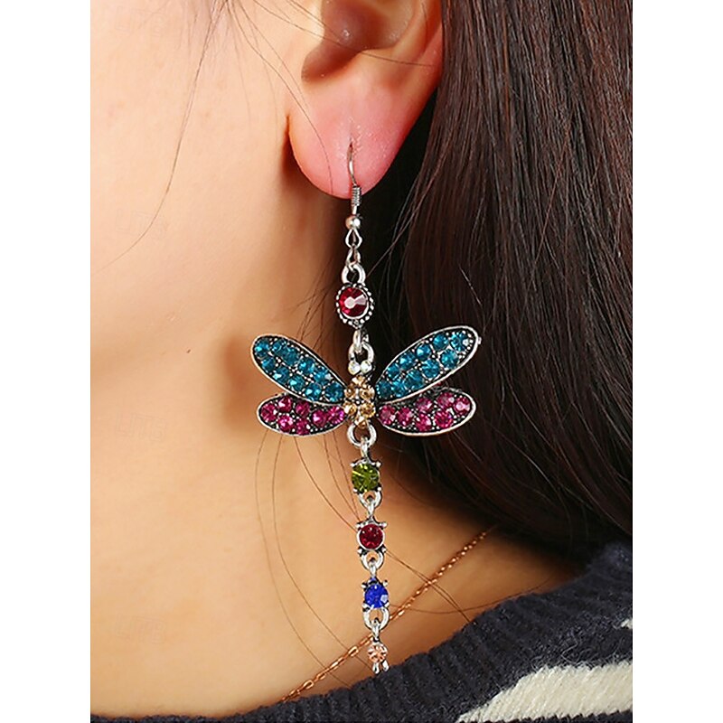 Colorful Crystal Dragonfly Earrings – Vintage Style, Silver Plated, Elegant Design for Women, Perfect for Parties and Special Occasions2