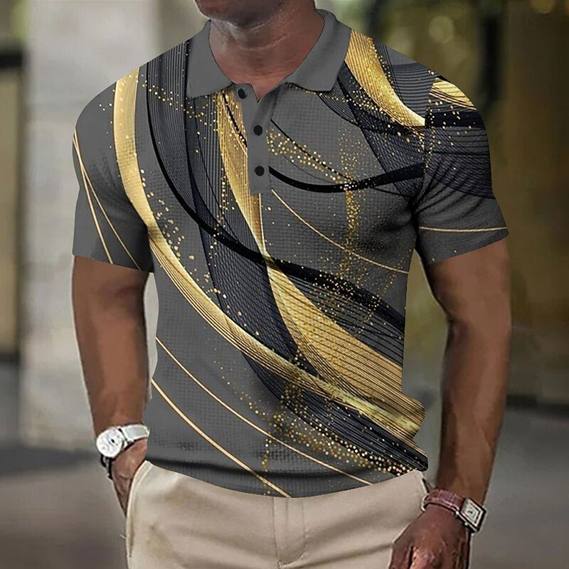 Men's Geometic Line Waffle Polo Shirts Short Sleeve Polo Shirts Collared Shirts Business Casual Outdoor Street Dailywear Athleisure Buttons 3D Print Summer Blue Purple Orange