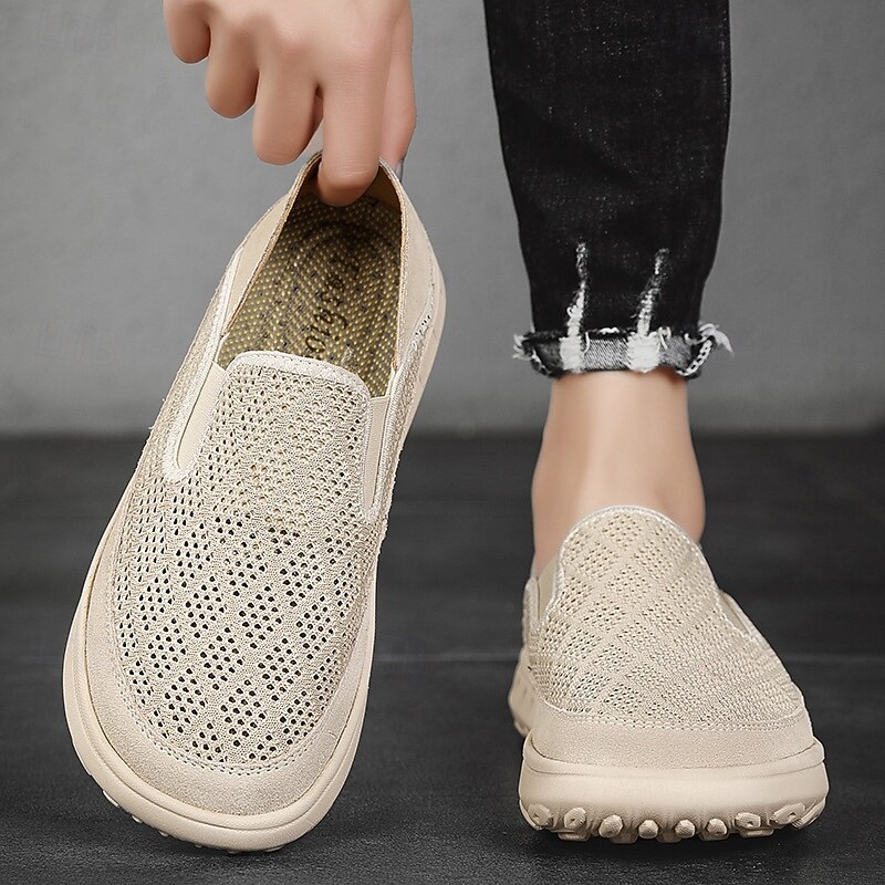 Men's Beige Slip-On Sneakers with Breathable Mesh Upper and Cushioned Sole for Comfortable Casual Wear4