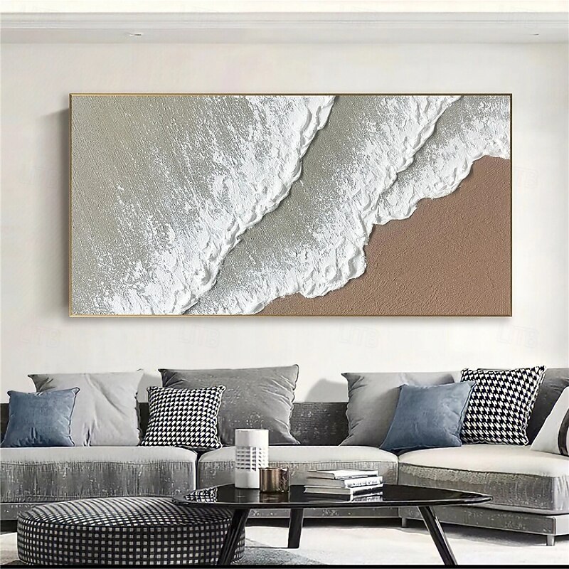 Handmade  White Ocean Wave Art oil painting handpainted Beach Abstract Painting White Wall Art Brown 3D Texture Painting Brown Beach painting Wall Art Modern Pastel Room Decor3