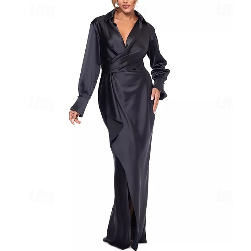 Sheath / Column Dress Mother of the Bride Dress Formal Elegant Simple Shirt Collar Floor Length Italy Satin Long Sleeve with Ruffles Solid Color