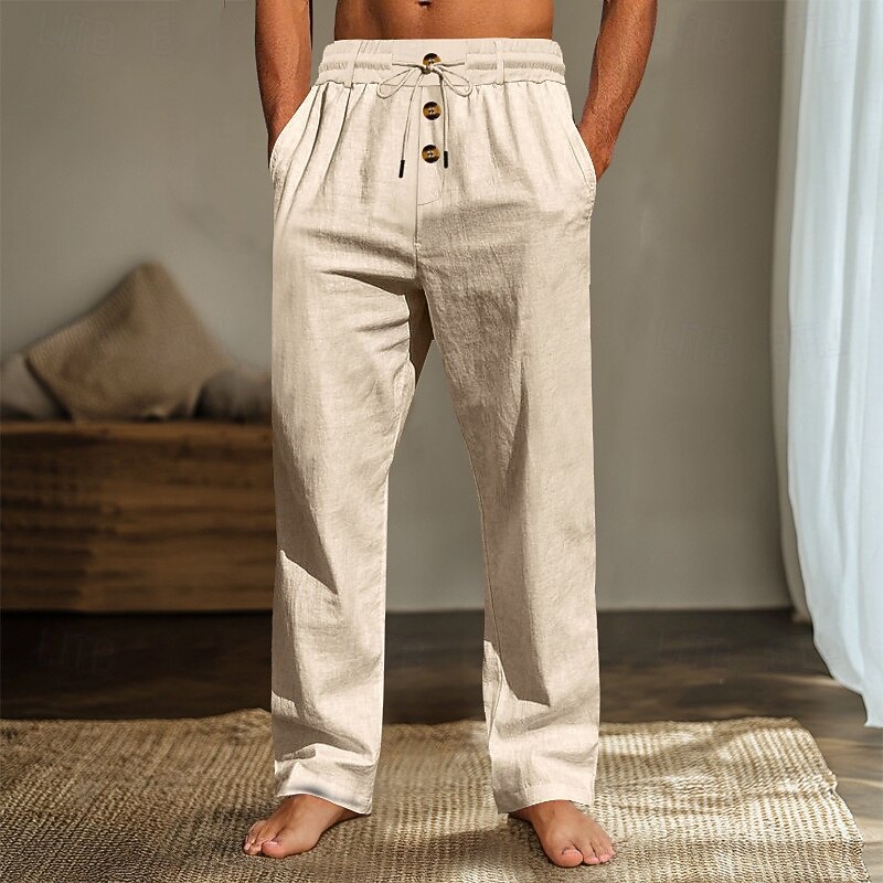 Men's Linen Pants Trousers Summer Pants Beach Pants Drawstring Elastic Waist Straight Leg Plain Comfort Breathable Full Length Home Casual Daily Fashion Classic Style Black White2