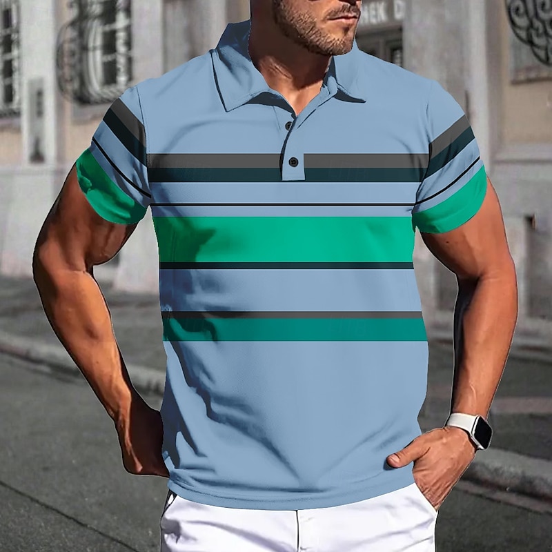 Men's Striped Rugby Polo Short Sleeve Polo Shirts Collared Shirts Casual School Outdoor Athleisure Daily Wear 3D Print Summer Light Brown Blue2