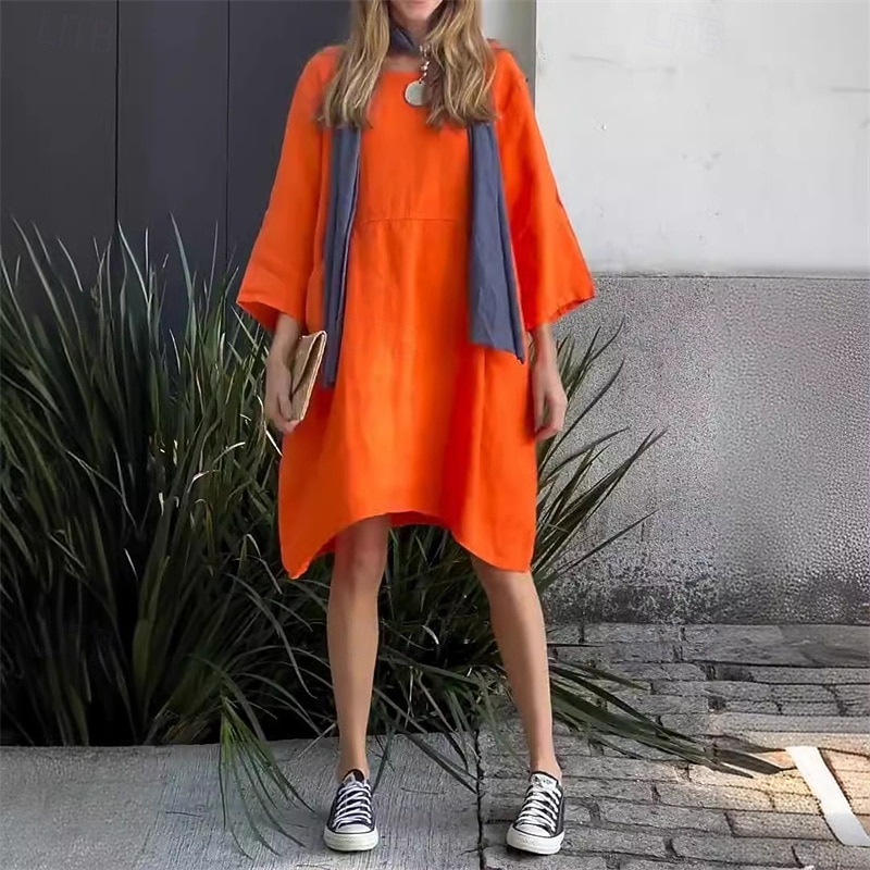Women's Mini Dress Linen-Inspired Dresses Casual Dress Cotton Linen Dress Stylish Casual Vacation Daily Date Regular Fit Plain Long Sleeve Crew Neck Yellow Pink Orange Summer Spring4