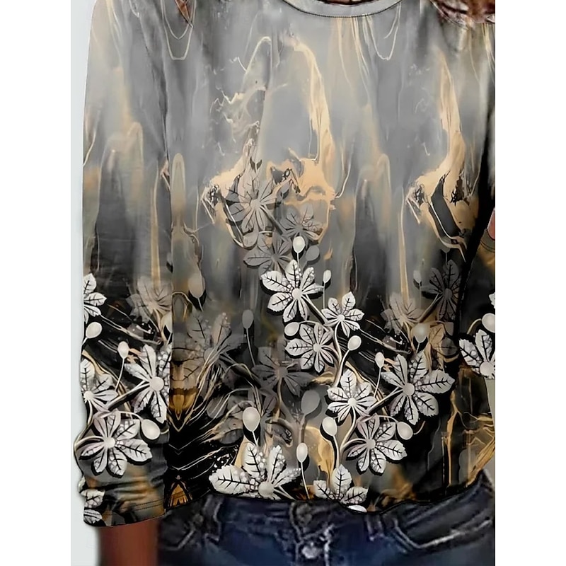 Women's T shirt Crew Neck Long Sleeve Tunic Floral Scenery Elegant Vintage  Regular Tops Daily Going out Weekend Print White Gray3