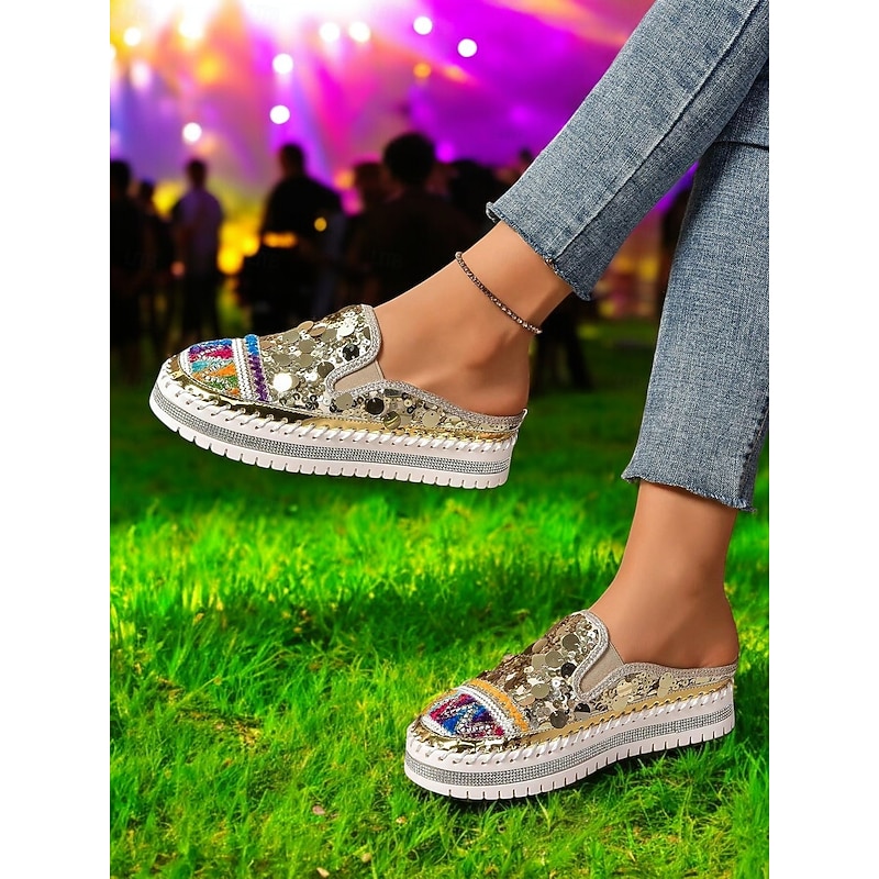 Women's Gold Sequin Platform Mules Sneakers  – Sparkly Slip-On Shoes with Embroidered Details for Festivals, Party & Street Fashion4