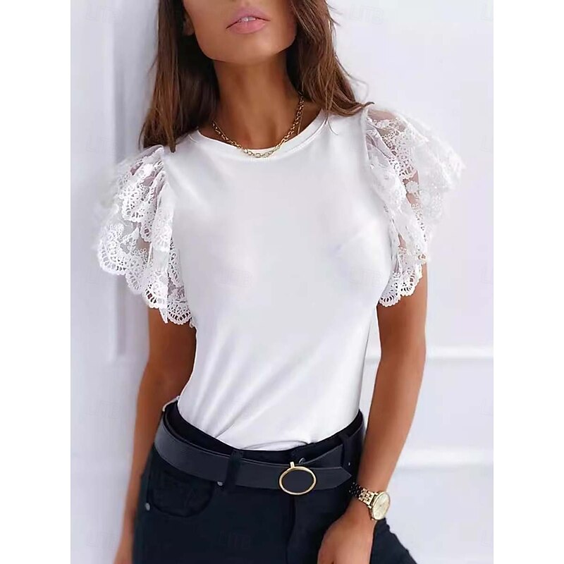 Women's Lace Splicing Top Sexy Sleeveless Crew Neck Regular Tops off white Black Summer Spring4