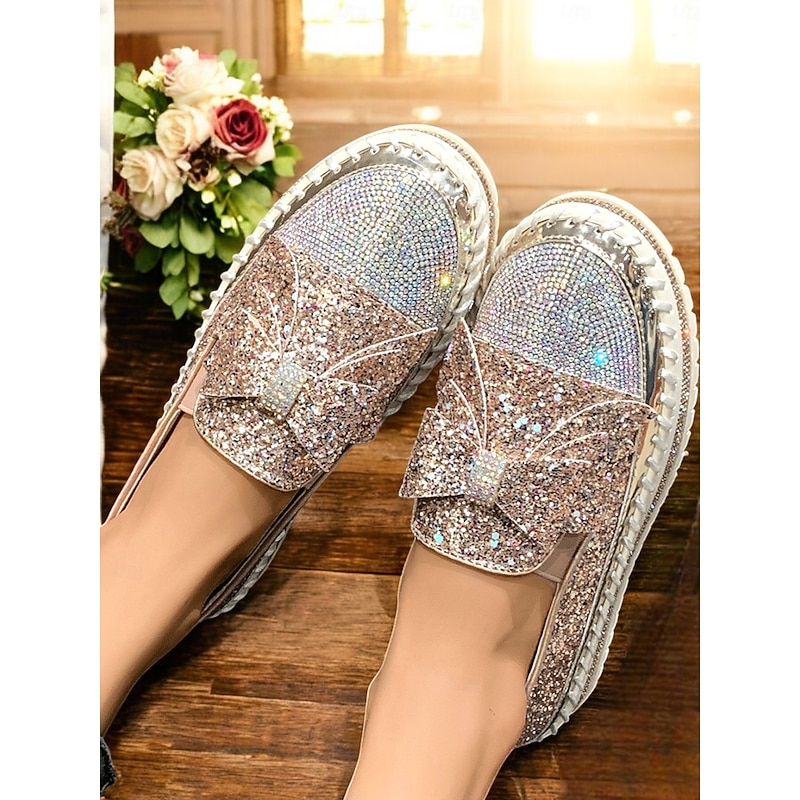 Sparkling Rhinestone Loafers for Women – Glittery Slip-On Flats with Bow Design for Weddings, Parties, and Special Occasions