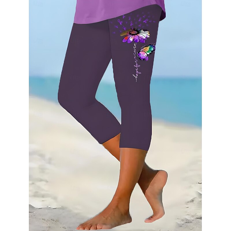 Women's Leggings Capri Pants High Elasticity Vacation Fashion Hawaiian Ankle-Length Mid Waist Floral Printing Thermal Warm Breathable Soft  Vacation Casual Daily Violet Black White Regular Fit3