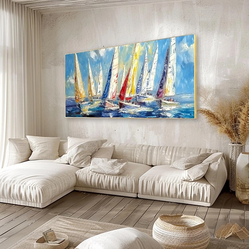 Blue Ocean Seascape Sailboat Wall Art Abstract Beach Seascape Painting On Canvas Livingroom Oil Painting 100% Handmade Hand Painted Wall Art On Canvas Abstract Maritime Sailboat Landscape Home Decorat3