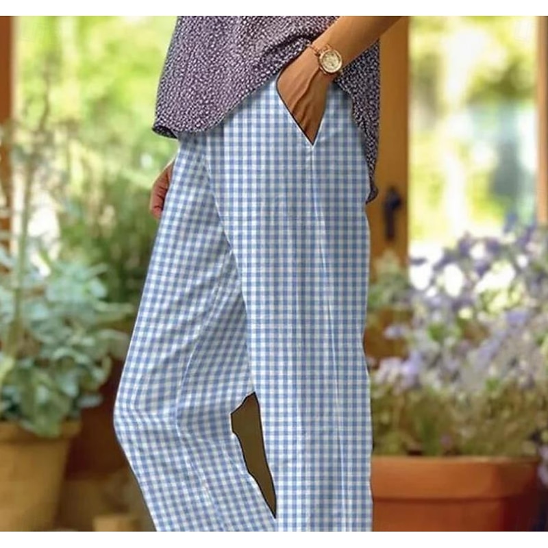 Women's Cotton Linen Pants Baggy Pants Linen Like Fashion Streetwear Full Length High Waist Graphic Lattice Printing Thermal Warm Breathable Soft Micro-elastic Outdoor Daily2