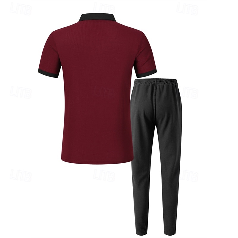 Men's T-shirt Suits Pants Sets 2 Pieces Outfits Short Sleeve Lapel Summer Spring Color Block Fashion Casual 2 Piece Vacation Daily Wear Going out Wine Green khaki Top Tee for Men3