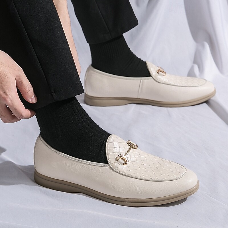Men's White Faux Leather Slip-On Loafers with Woven Detail and Gold Buckle – Elegant Casual Shoes for Work and Formal Occasions4