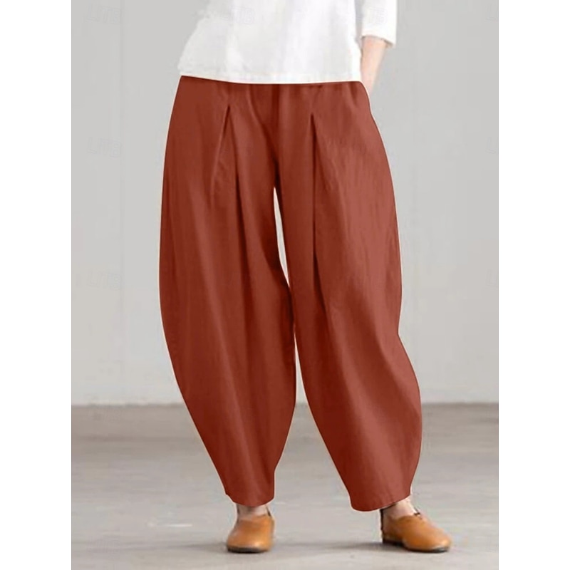Women's Cotton Linen Pants Chinos Fashion Basic Full Length Medium Waist Plain Pocket Comfort Outdoor Micro-elastic Vacation Street Daily Black Navy Blue Orange Apricot Summer Spring Fall Regular Fit