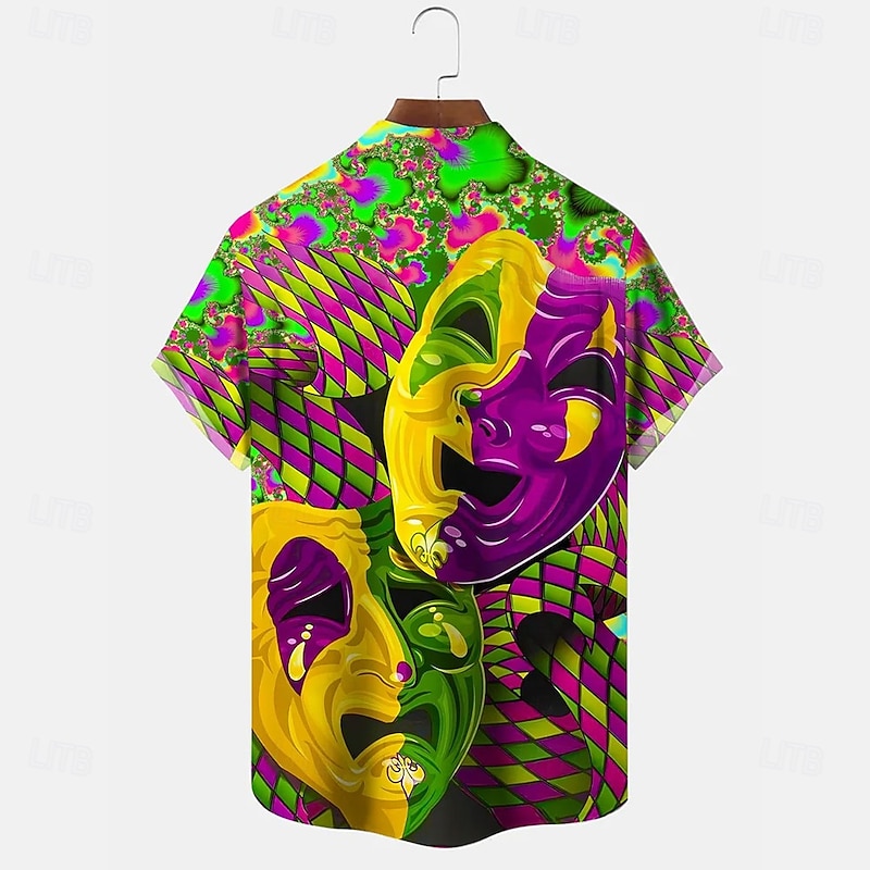 Mardi Gras Men's Geometric Pattern Mask Carnival Shirt Button Up Shirt Short Sleeve Fashion Casual Vacation Gift Holiday Summer Spring Turndown Collared Shirts Front One Pocket Green2