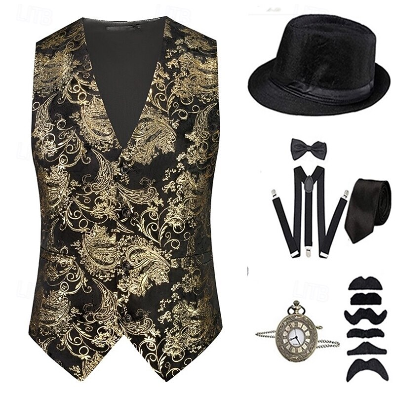 1920s Vintage Inspired The Great Gatsby Party Costume Accesories Set Sleeveless Printing Collarless Fancy Dress Men's Halloween Party & Evening Casual Daily Adults' Vest Hat All Seasons3