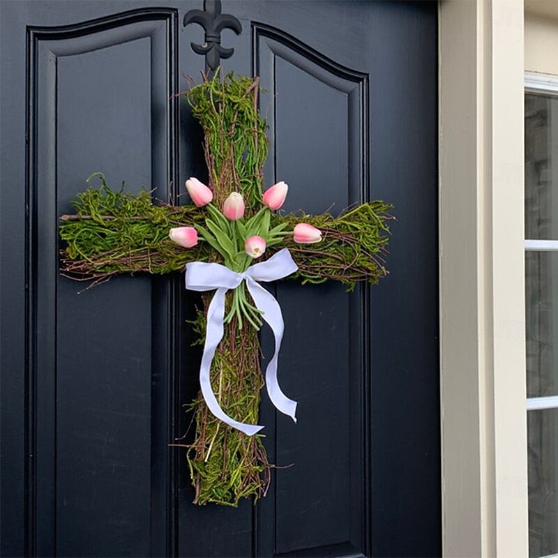 Cross Wreath Cross Sign with Artificial Cross Sign Door Hanger Easter Cross Wreaths for Front Door Spring Decorations for Door Wall, Cross Sign2