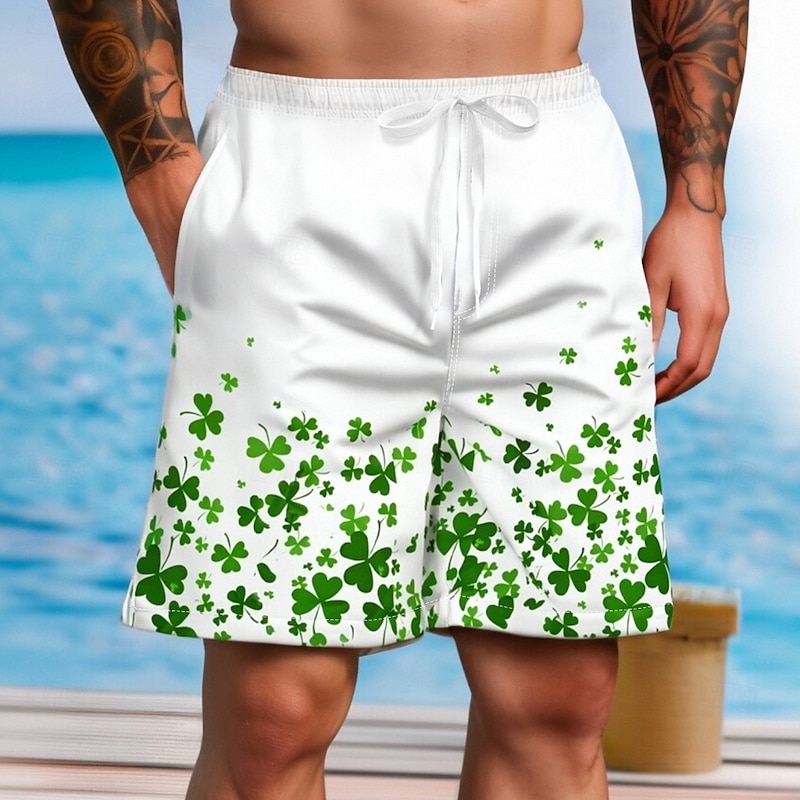 St. Patrick's Day Men's Four Leaf Clover Swim Shorts Board Shorts Swimming Trunks Mid Waist Hawaiian Casual Holiday Side Pockets Mesh Lining Elastic Drawstring Waist Designer Clothing Apparel