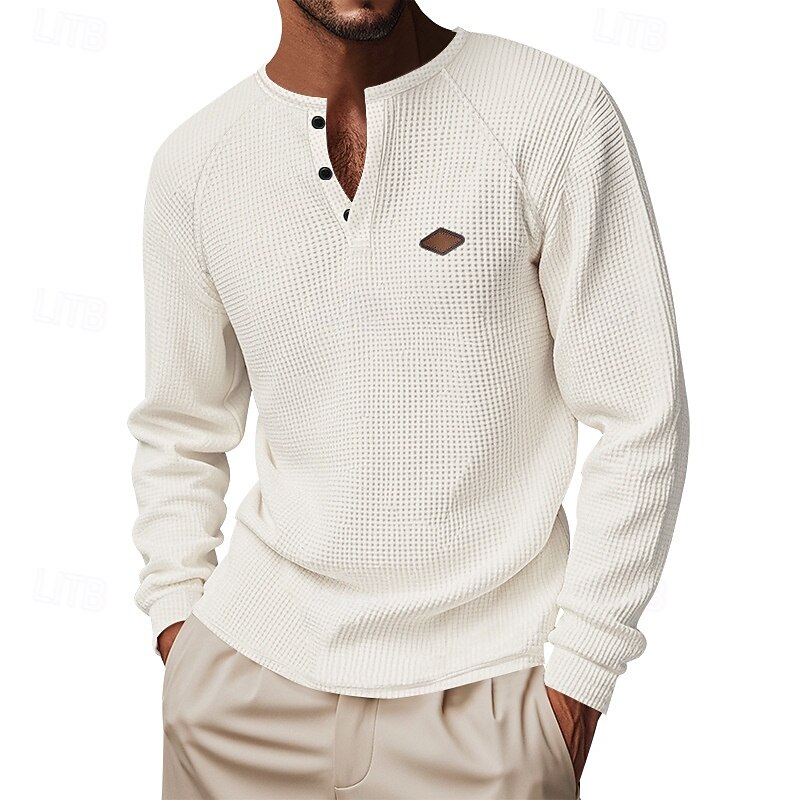 Men's Button T Shirt T Shirt Waffle Henley Shirt Henley Shirt Long Sleeve Henley Spring Fall Plain Fashion Designer Basic Buttons Vacation Street Going out Black Blue Khaki Top Tee for Men2