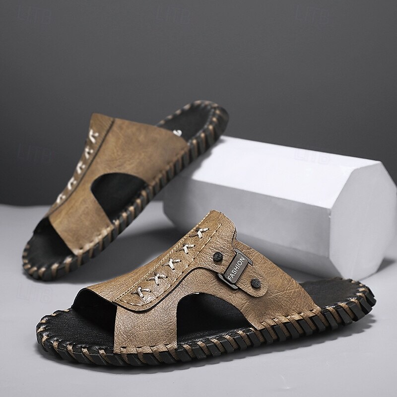 Men's Casual Brown Slide Sandals with Leather Strap and Stylish Stitching Detail – Comfortable for Everyday Wear, Beach and Relaxed Outings4