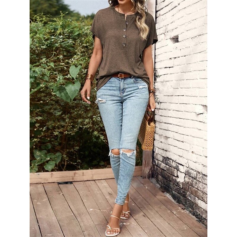 Women's T Shirt Plain Fashion Modern Casual Short Sleeve V Neck Regular Tops Daily Weekend Patchwork Buttons Pink Blue Brown Green Summer Spring2