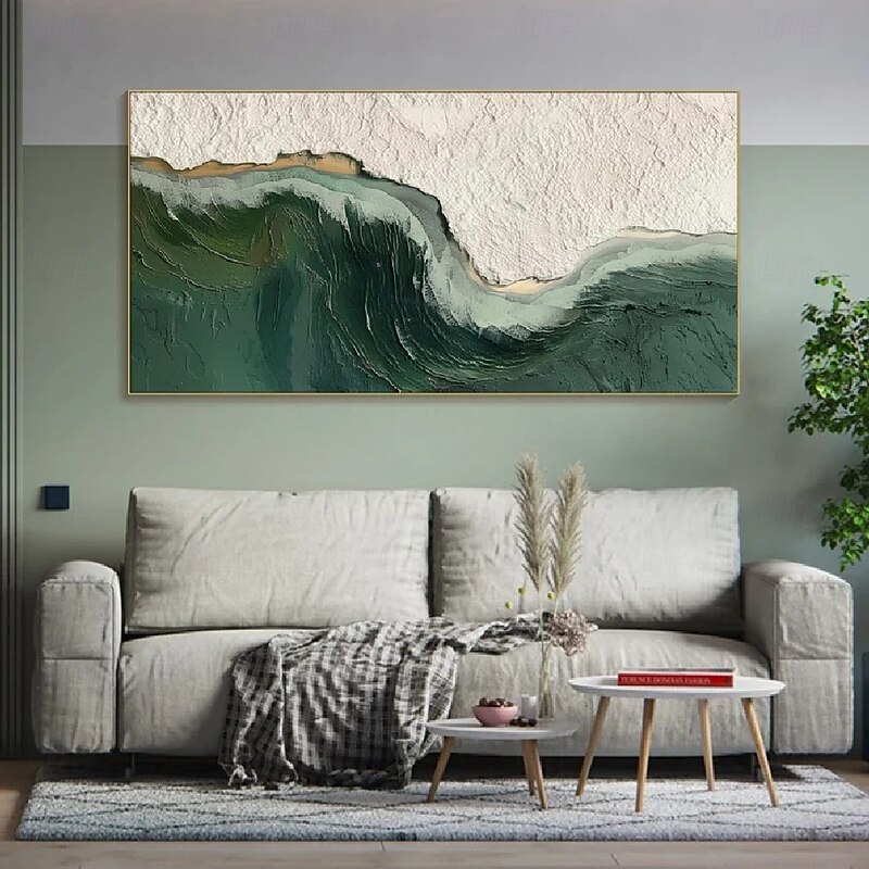 Handmade white green and black 3D textured abstract painting hand-painted ocean seascape oil painting modern wall art landscape wall decoration artwork2