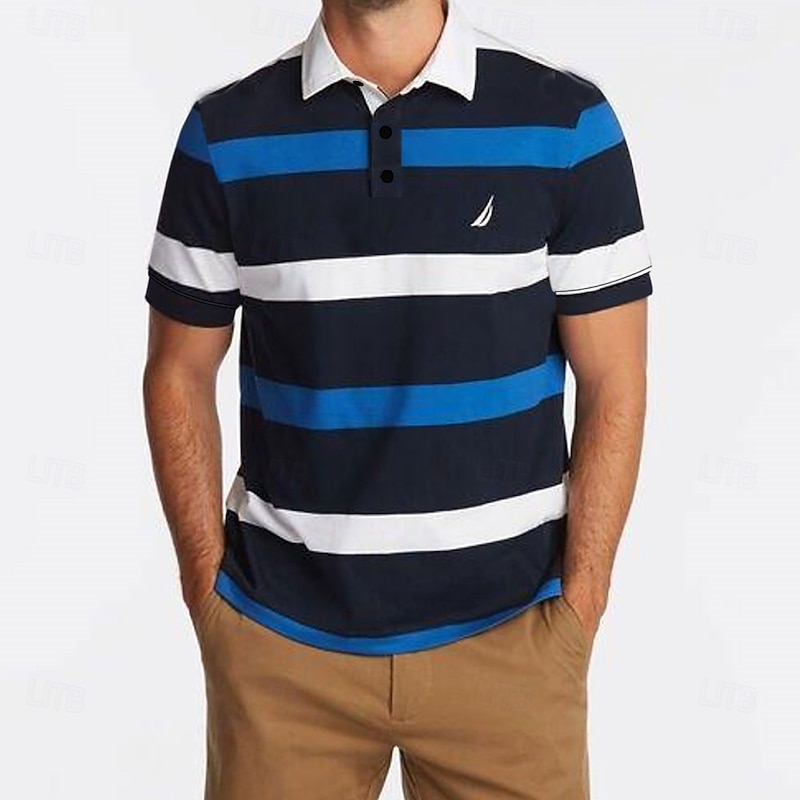 Men's Striped Rugby Polo Short Sleeve Polo Shirts Collared Shirts Casual School Outdoor Sports Daily Wear 3D Print Summer Spring Fall Blue