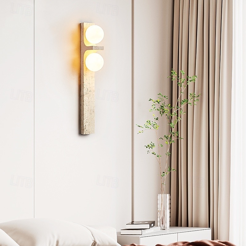 Long Strip Wall Sconces Indoor Japanese-Style Retro Wall Light with Milk White Glass Lamp Shade Yellow Travertine Art Wall Sconce for Bedroom Hallway Decor Wall Lighting Fixtures 110-240V 5W2
