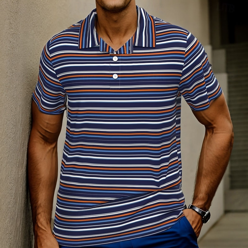 Men's Striped Rugby Polo Short Sleeve Polo Shirts Collared Shirts Casual School Outdoor Sports Daily Wear 3D Print Summer Blue