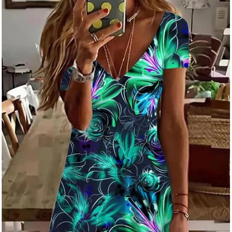 Women's Mini Dress Casual Dress Elegant Tropical Hawaiian Daily Regular Fit Floral Short Sleeve Crew Neck Green Summer2