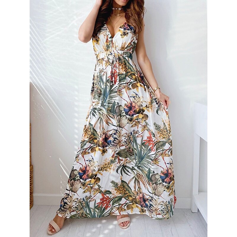 Women's Maxi Dress Casual Dress Stylish Casual Vacation Casual Daily Regular Fit Graphic Sleeveless V Neck Black White Blue Green Summer Spring