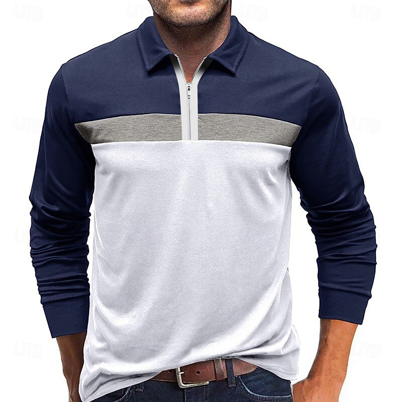 Men's Color Block Rugby Polo Long Sleeve Polo Shirts Quarter Zip Fashion 3D Print Modern Daily Holiday Going out Patchwork Spring &  Fall White Wine Navy Blue