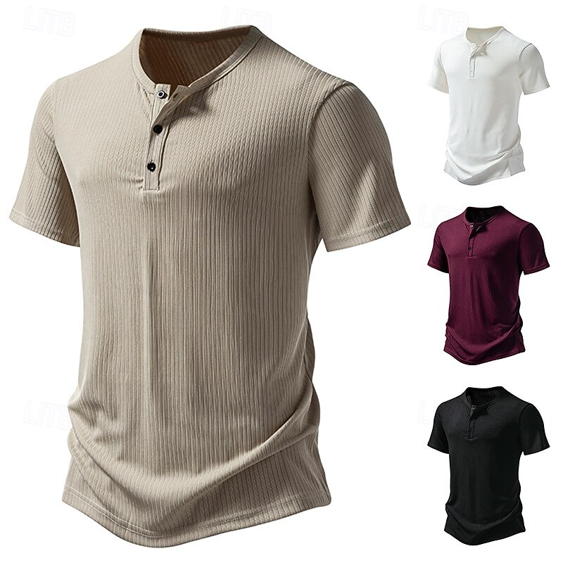 Men's Henley Shirt Tee Rib Knit Top Muscle Shirt Short Sleeve Solid Color Plain Casual Buttons Henley Outdoor Casual Daily Summer Spring &  Fall Black White Burgundy Henley T-Shirt