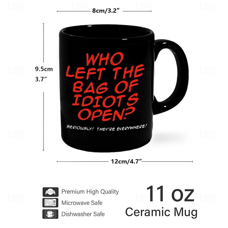 Who Left the Bag of Idiots Open Coffee Mug Black Retro Vintage Ceramic Mug with Graphic Design 12oz/330ml Perfect Gift for Music Lovers Guitarists and Band Members2