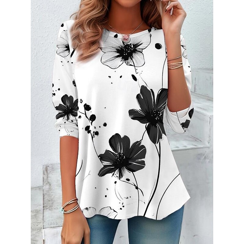 Women's T shirt Long Sleeve Crew Neck Long Sleeve Tunic Floral Graphic Casual Regular Tops Daily Print Black and White Spring Fall Prefall - Main Image