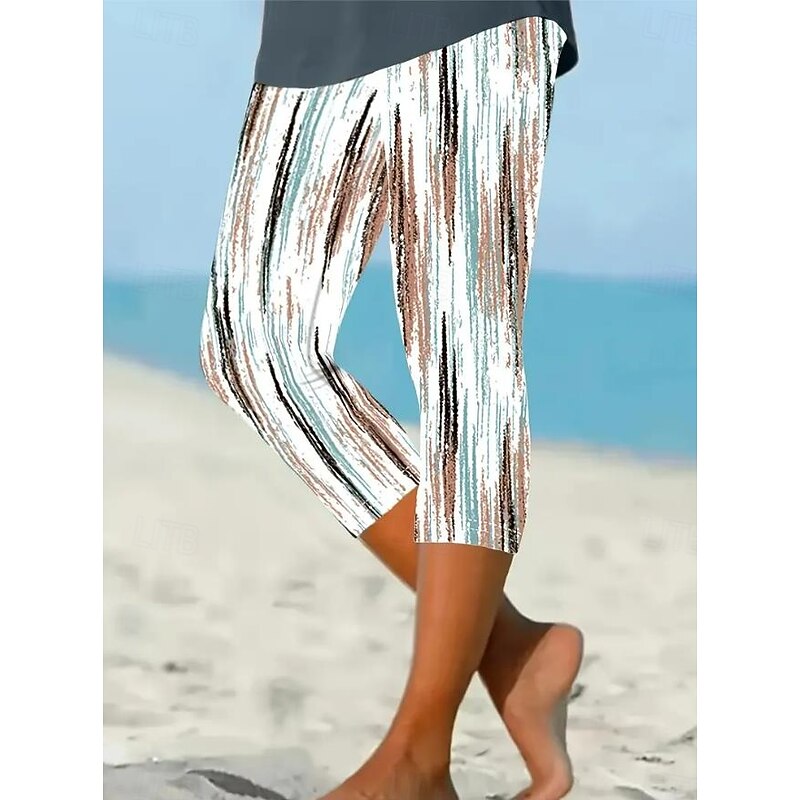 Women's Leggings Capri Pants High Elasticity Vacation Fashion Hawaiian Ankle-Length Mid Waist Plaid Printing Thermal Warm Breathable Soft  Vacation Casual Daily milk white Summer Spring Regular Fit