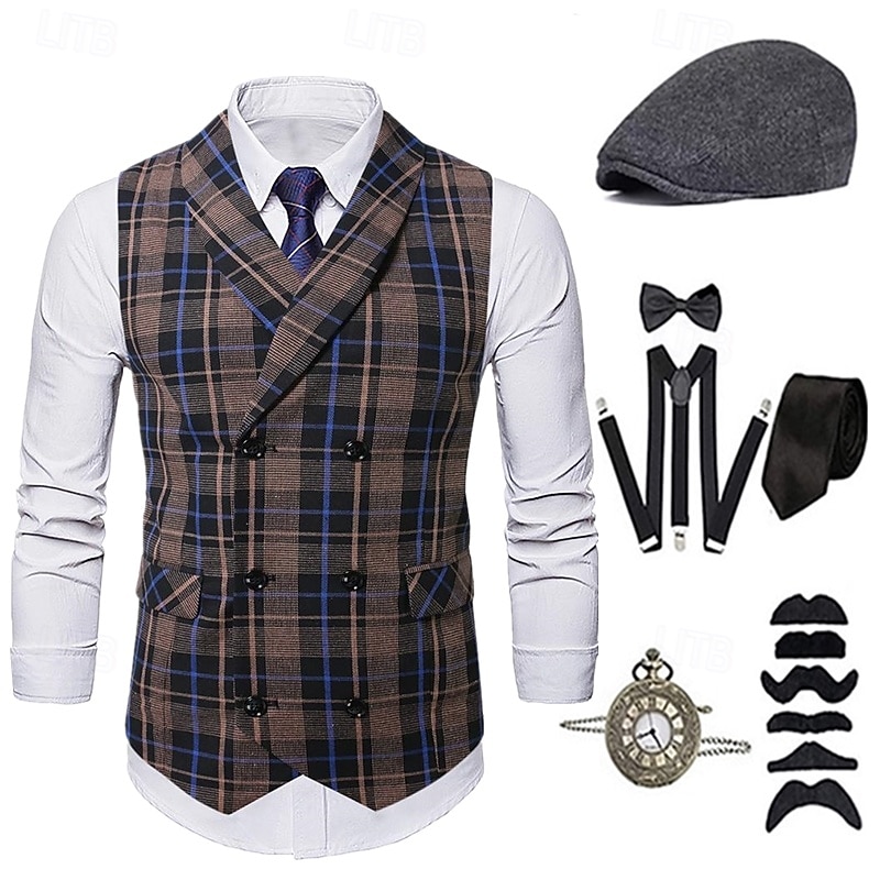 1920s Vintage Inspired The Great Gatsby Party Costume Accessories Set Sleeveless Double Breasted Plaid Turndown Fancy Dress Men's Halloween Party & Evening Casual Daily Adults' Vest Hat All Seasons4